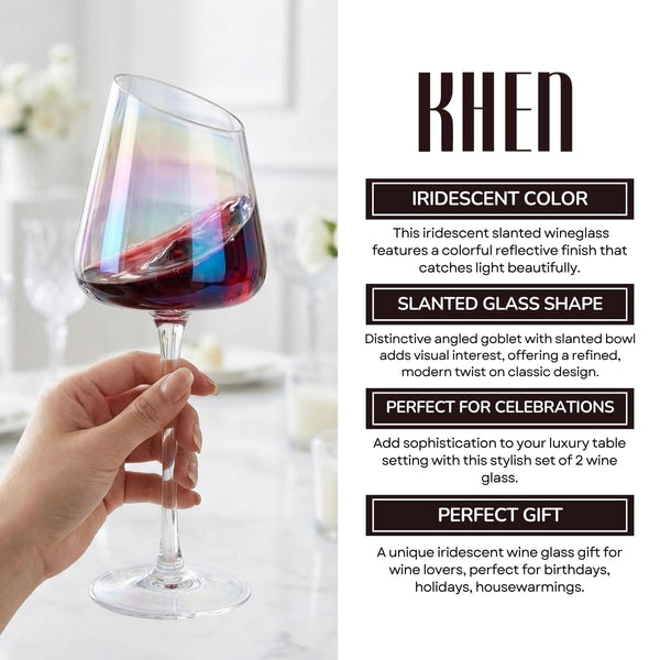 Slanted Iridescent Wine Glass, Clear Glass Angled Rainbow