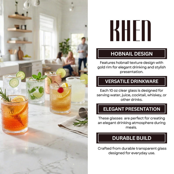 Clear Gold Rim Hobnail Glass Set, 6 Piece 10oz Transparent