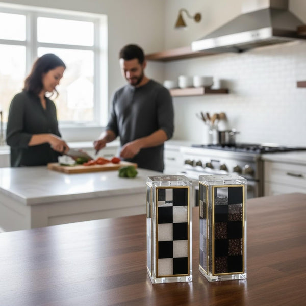 Checkered Salt and Pepper Shakers Set, Black White Square Design with 3 & 5 Holes, Modern Kitchen Decor Table Accessories, Elegant Dining Display, Contemporary Cooking Tool, Stylish Home Gift