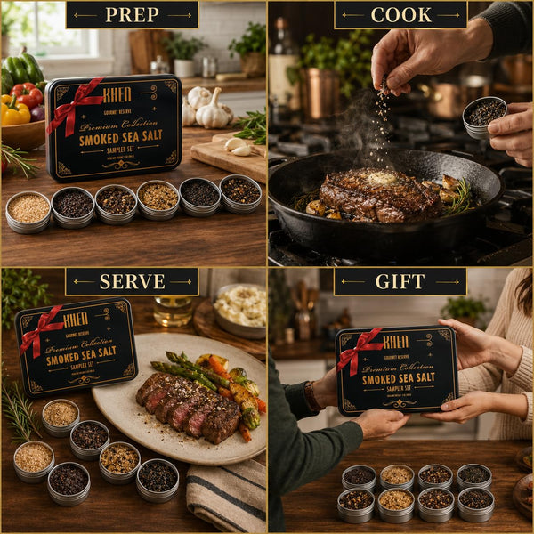 Smoke & Flame Sea Salt Gift Set of 6 – Gourmet Chefs Smoked Finishing Seasoning Variety Pack - Tin Gift Box