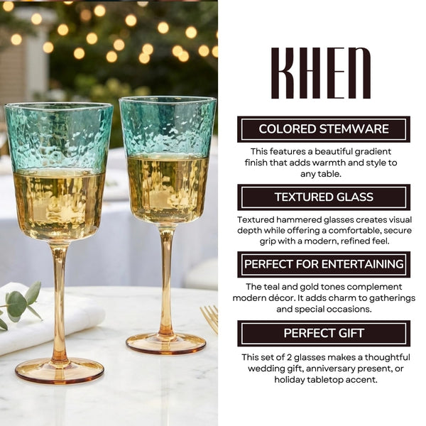 Gold and Teal Hammered Stemmed Wine Glasses, 2 Set, 10.5oz