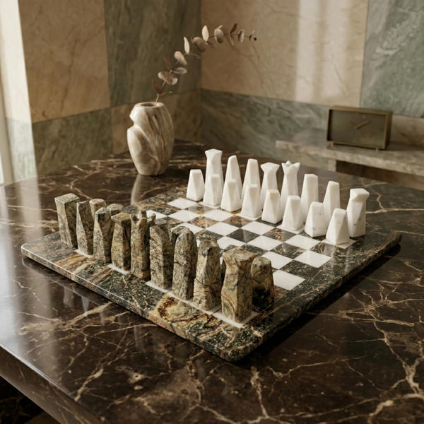 Marble Chess Set, 16.92 x 16.53 Inch Black and White Stone