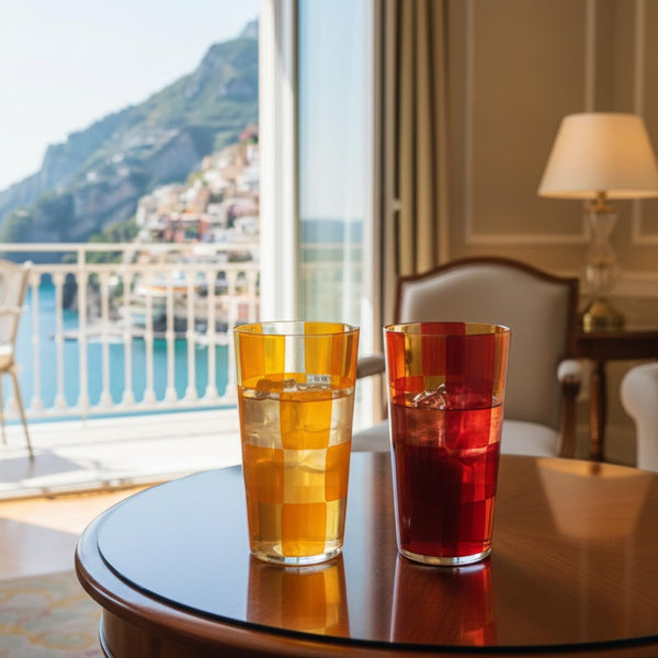 Amalfi Italian Checkered Tumblers 2 Piece Set 13oz Orange & Cream