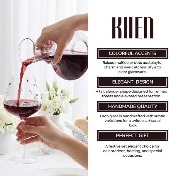 Confetti Stemmed Wine Glasses Set of 2, 20oz Multicolor Clear Glass 20oz Goblets for Wine Water Juice Sparkling Drinks, Elegant Handmade Drinkware for Parties Dining Entertaining Housewarming Gifts