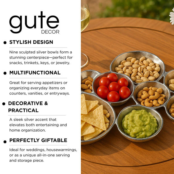 GUTE Cluster Decorative Bowls, Bright Silver Brass - Decoration, Snack Tray Bowl, Chip and Dip Strong Brass Beautiful Room Accent, Perfect for Entertaining, Parties, Home & Wedding Gifts 22