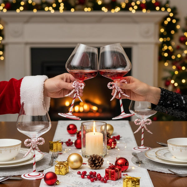 Khen Christmas Candy Cane Bow Wine Glasses - Set of 4 - Festive Santa Ribbon Stem Goblets 20oz Red & White Striped Borosilicate Drinkware, Holiday Entertaining Winter Parties Home Bar Decor Gift
