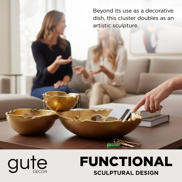 3 Cluster Decorative Bowls Bright Gold Brass Snack Tray Bowl Chip & Dip Serving Piece Strong Centerpiece Beautiful Room Accent & Entertaining Parties Home Decor Wedding Gifts 14.6 Inch Decorative Gift