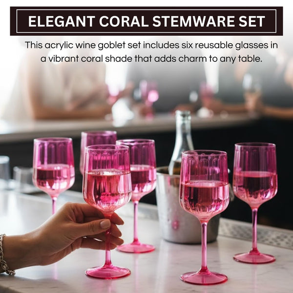 Khen Acrylic Lucia Stemmed Goblets - Unbreakable Wine Glasses Reusable Drinking Cups Dishwasher Safe Elegant Stemware for Cocktail Champagne | Kitchen Bar Party | Set of 6 |14oz | Coral