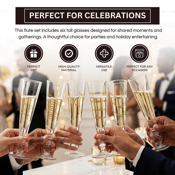 Gold Sparkle Champagne Flutes, Set of 6, Tall 6.4oz 8.74