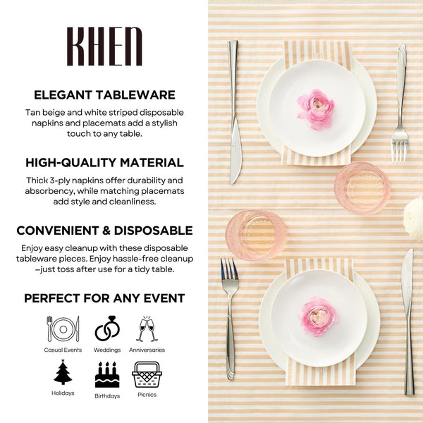 Striped Disposable Napkins & Placemats – 3-Ply Paper Tableware for Parties, BBQs, Picnics, Birthdays & Holiday Gatherings – Elegant & Absorbent Dinner Napkins with Matching Placemats - Beige Set of 50
