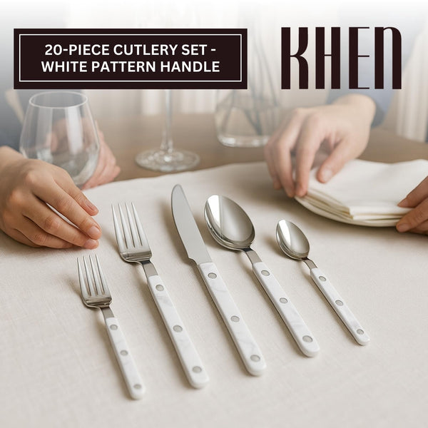 Khen 20-Piece Cutlery Set – Includes Dinner Knives, Forks, Spoons, Salad Forks & Teaspoons – Dishwasher Safe Cutlery Set for Home, Kitchen, Parties & Special Occasions – Carrera Pattern Handles