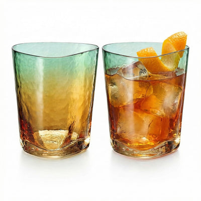 Gold and Teal Hammered Lowball Tumbler, DOF Glasses, 2 Set, 12.5oz