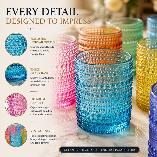 Hobnail Drinking Glasses Colored Beaded Drinking Set of 12