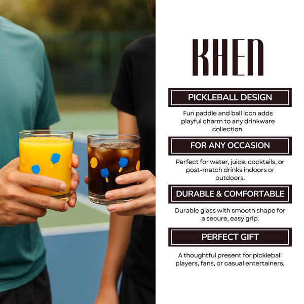 Khen Set of 2 Pickleball Paddle Icon Juice Glass Athletic Sports Cup 14.8oz Clear Stemless Cocktail Tumbler Leisure Game Night Barware Outdoor Indoor Party Recreation Gift for Player Enthusiast