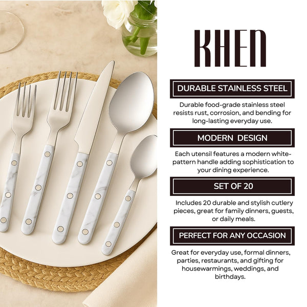 Khen 20-Piece Cutlery Set – Includes Dinner Knives, Forks, Spoons, Salad Forks & Teaspoons – Dishwasher Safe Cutlery Set for Home, Kitchen, Parties & Special Occasions – Carrera Pattern Handles