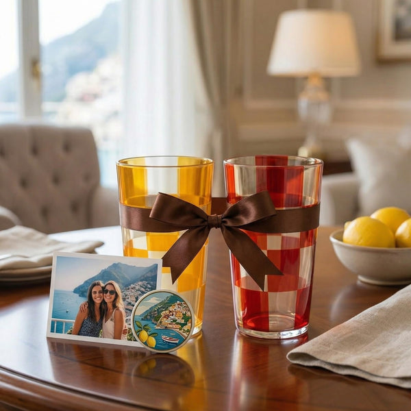 Amalfi Italian Checkered Tumblers 2 Piece Set 13oz Orange & Cream