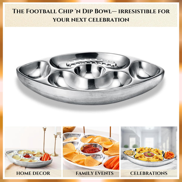 Football Tailgate Superbowl Serving Bowl Silver Brass Snack, Candy & Salad Bowl, Chip n Dip American Sports Decorative Centerpiece Serving Platter for Nuts, Salsas, Food, Serveware Decor Entertaining
