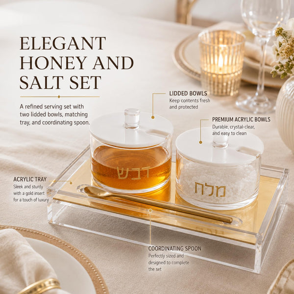 Rosh Hashanah Honey And Salt Dish Set Lids Spoon Clear Acrylic Judaica