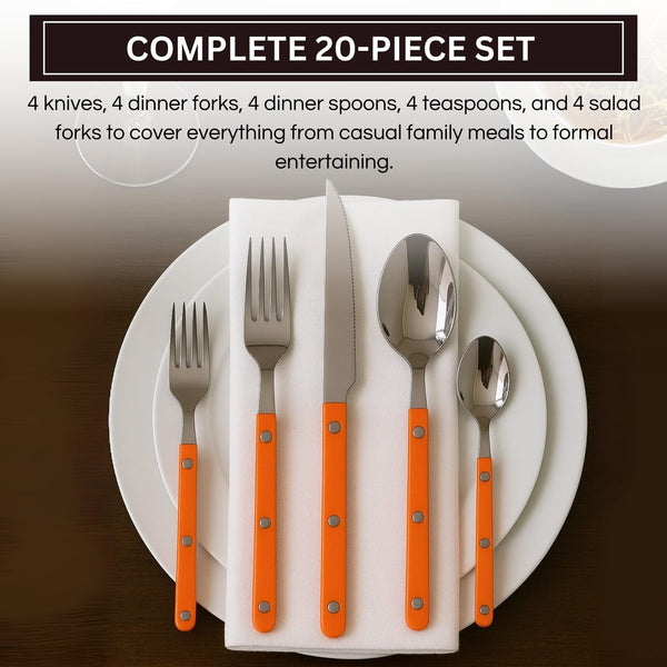 Khen 20-Piece Cutlery Set with Dinner Knives, Forks, Spoons, Salad Forks & Teaspoons – Durable and Dishwasher Safe Utensil Set for Home, Kitchen, Parties & Special Occasions – Orange Handle