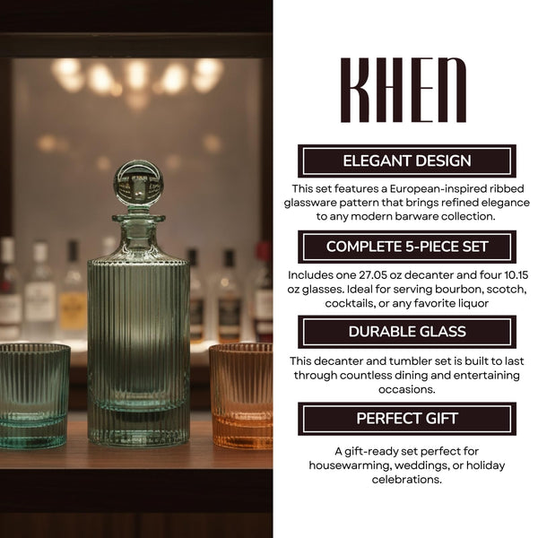 Khen Ribbed Decanter Set with 4 Glasses – Whiskey Bourbon Scotch Cocktail Drinkware | 5-Piece Muted Toned Glassware Collection | European Inspired Durable Barware Gift Elegant Home Bar 27oz 10oz