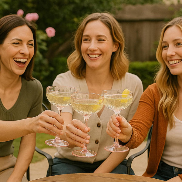 Khen Flower Modern Wavy Glass Coupes Martini, Champagne & Cocktail Coupes - Set of 4-7.7oz Colorful Cocktail Glasses & Prosecco, Mimosa Glassware Copyright Design - Blush Pink