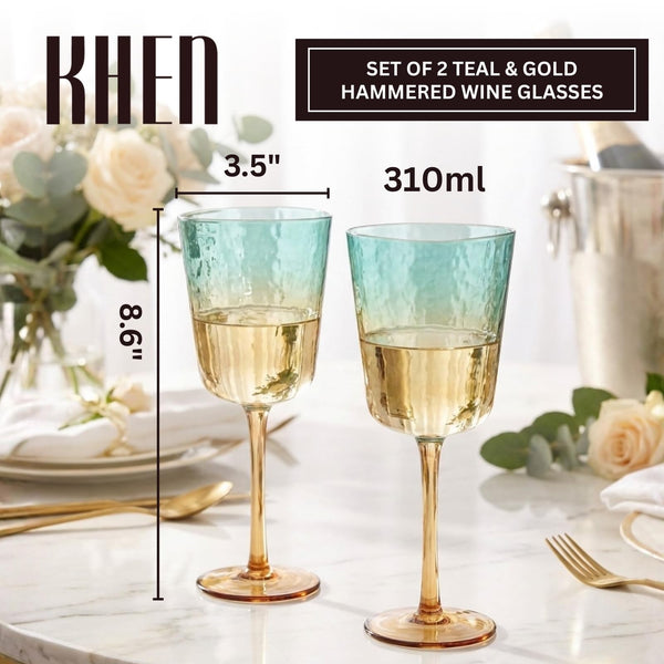 Gold and Teal Hammered Stemmed Wine Glasses, 2 Set, 10.5oz
