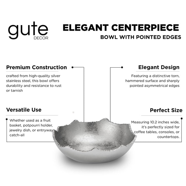 GUTE Decorative Silver Moon Decorative Metal Torn Hammered Asymmetrical Centerpiece Bowl with Pointed Edges, 10.2in Catch All, Silver Stainless Steel Metal, Accent Basket Fruit, Potpourri, Jewelry