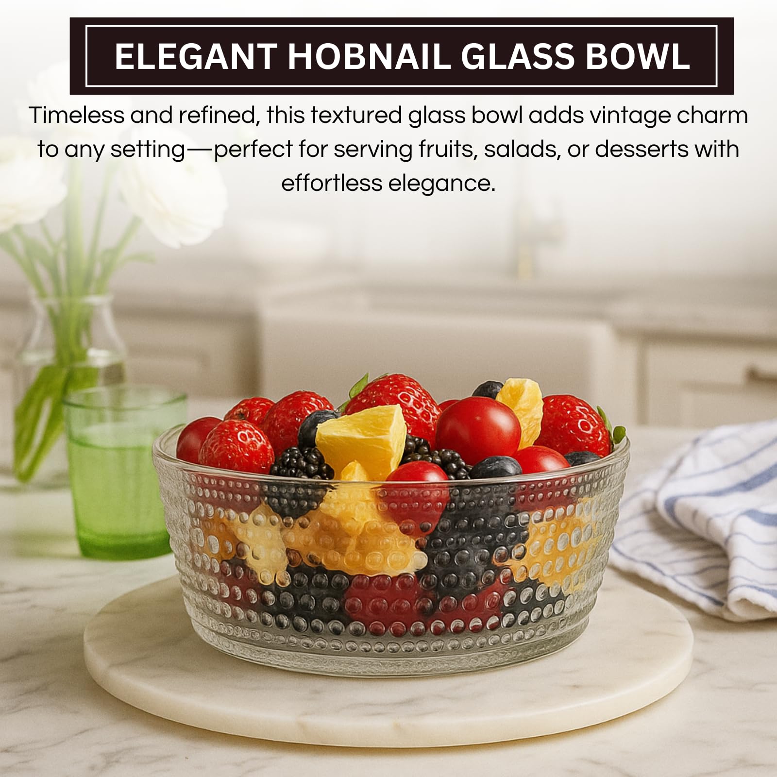 Khen Hobnail Glass Bowl Clear Vintage Style Textured Borosilicate - 10