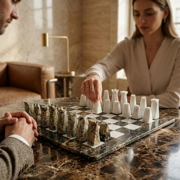 Marble Chess Set, 16.92 x 16.53 Inch Black and White Stone