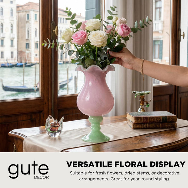 Sunrise Blush Murano Style Ruffled Glass Vase: Pink and Green Art Glass