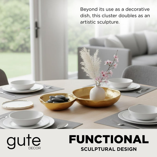 2 Cluster Decorative Bowls Bright Gold Snack Tray Bowl Chip & Dip Serving Piece Strong Brass Centerpiece Beautiful Room Accent & Entertaining Parties Home Decor Wedding Gifts 11 Inch Decorative Gift