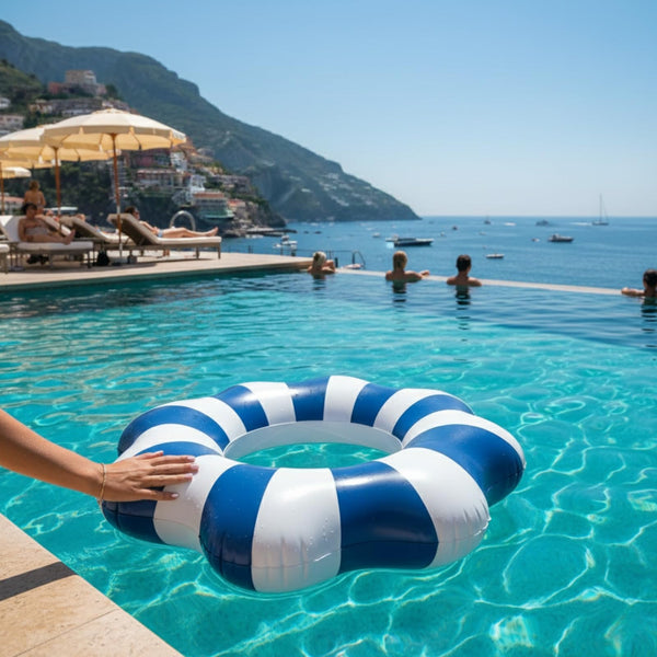 Amalfi Scalloped Pool Float Ring, 1 Piece, Blue & White Inflatable Swim Tube