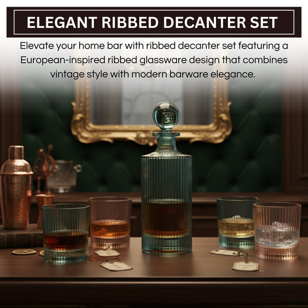 Khen Ribbed Decanter Set with 4 Glasses – Whiskey Bourbon Scotch Cocktail Drinkware | 5-Piece Muted Toned Glassware Collection | European Inspired Durable Barware Gift Elegant Home Bar 27oz 10oz