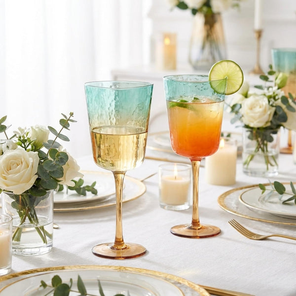 Gold and Teal Hammered Stemmed Wine Glasses, 2 Set, 10.5oz