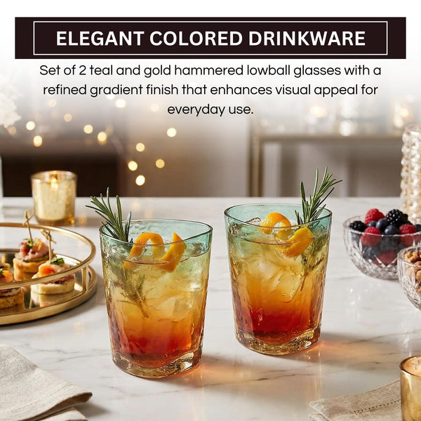 Gold and Teal Hammered Lowball Tumbler, DOF Glasses, 2 Set, 12.5oz