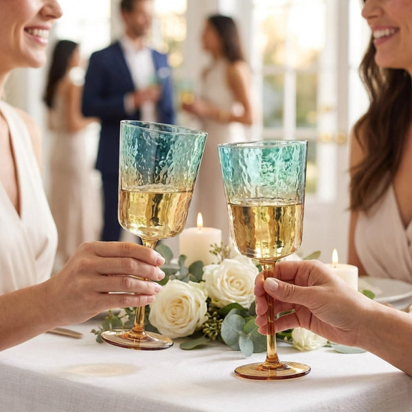 Gold and Teal Hammered Stemmed Wine Glasses, 2 Set, 10.5oz