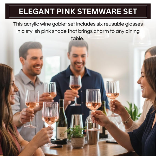 Khen Acrylic Lucia Stemmed Goblets - Unbreakable Wine Glasses Reusable Drinking Cups Dishwasher Safe Elegant Stemware for Cocktail Champagne | Kitchen Bar Party | Set of 6 |14oz | Pink