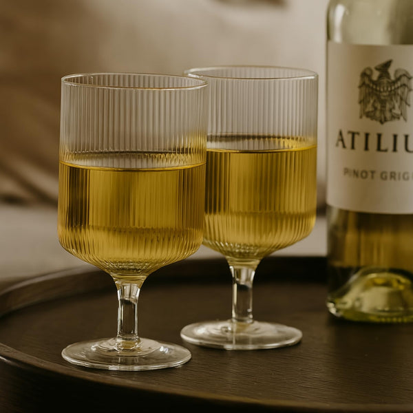 Khen Textured Clear Glass Ribbed Modern Elegant Wine Goblets for Red White Rosé Beverages | Set of 2 | Tall Ripple Stemware Drinkware Cups | Minimalist Durable Aesthetic Table Kitchen Bar Party Use