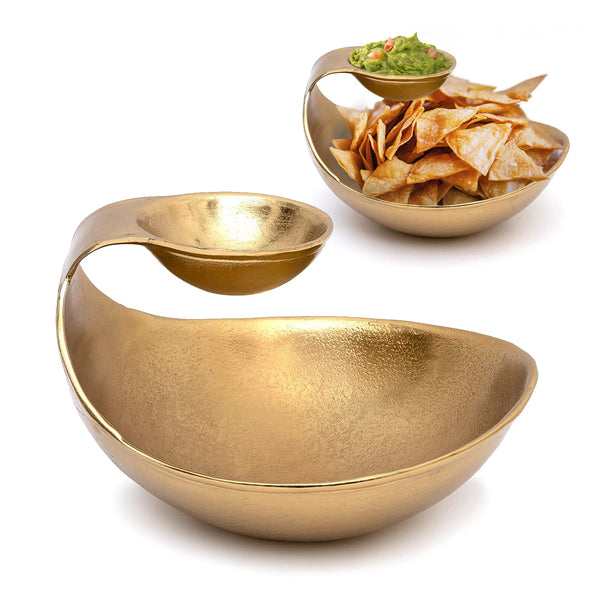 Chip and Dip Serving Bowl Gold Brass Tiered Snack, Candy & Salad Bowl Decorative Centerpiece Serving Platter for Nuts, Chip and Dip, Salsas, Food Tray, Serveware Home Decor Gift Entertaining 1PC