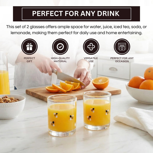 2 Pack Icon Bee Juice Glass, Old Fashioned Transparent Cup
