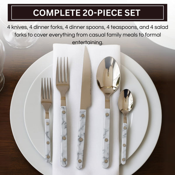 Khen 20-Piece Cutlery Set – Includes Dinner Knives, Forks, Spoons, Salad Forks & Teaspoons – Dishwasher Safe Cutlery Set for Home, Kitchen, Parties & Special Occasions – Carrera Pattern Handles