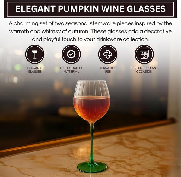 Khen Pumpkin Wine Glasses Fall Inspired Lightweight Borosilicate Decorative Drinkware Stemware - Set of 2 Orange & Green