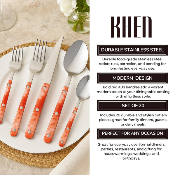 Khen 20-Piece Cutlery Set with Dinner Knives, Forks, Spoons, Salad Forks & Teaspoons – Durable and Dishwasher Safe Utensil Set for Home, Kitchen, Weddings & Occasions - Blush Storm Pattern Handle