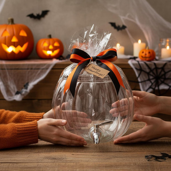 Glass Pumpkin Drink Dispenser 2 Gallon | Fall, Halloween & Thanksgiving Party Beverage Server with Spigot | Clear Pumpkin Punch Bowl for Autumn Events, Kitchen Bar & Holiday Drink Station Decor Gift