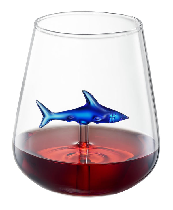 Handcrafted Stemless Shark Wine Glass - Personalized Set of 2 with 3D Sharks Inside - Red Wine Glasses - Unique Shark Lover Gifts - Ideal for Parties, Birthdays, Weddings - 10.05 oz Capacity (Blue)