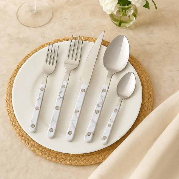 Khen 20-Piece Cutlery Set – Includes Dinner Knives, Forks, Spoons, Salad Forks & Teaspoons – Dishwasher Safe Cutlery Set for Home, Kitchen, Parties & Special Occasions – Carrera Pattern Handles
