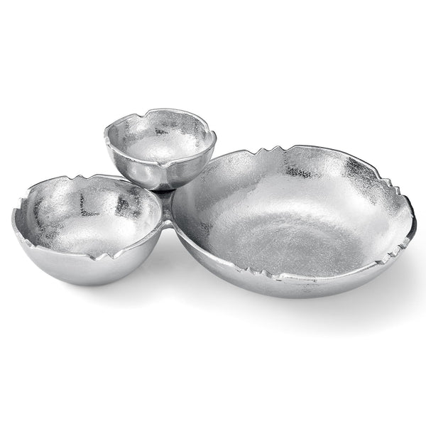 3 Cluster Decorative Bowls Bright Silver Snack Tray Bowl Chip & Dip Serving Piece Strong Brass Centerpiece Beautiful Room Accent & Entertaining Parties Home Decor Wedding Gifts 14.6 Inch Decorative