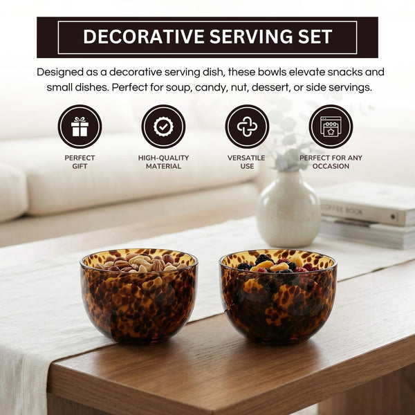 Amber Tortoise Shell Glass Bowls Set of 2 | 4.3” - 12.8oz Leopard Print