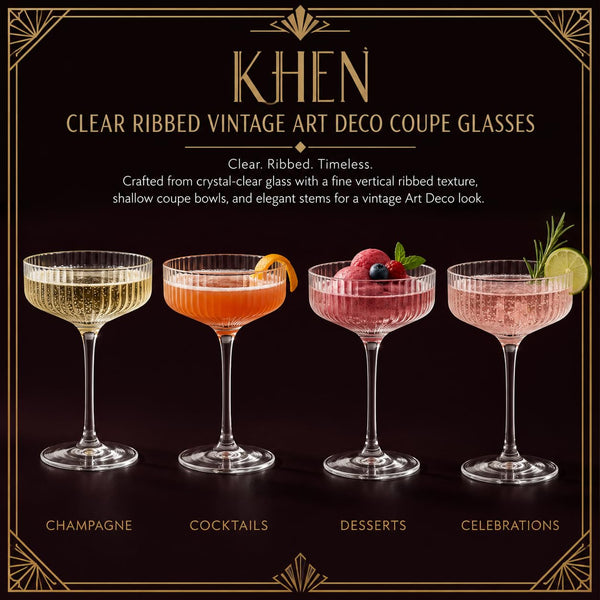 Como Ribbed Champagne Coupe Cocktail Glassware, Set of 12