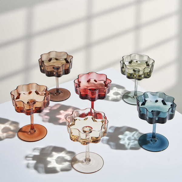 Flower Wave Coupe Cocktail Colored Glasses | Set of 6 | Muted Colors